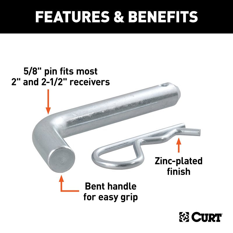 Curt 21581 Hitch Pin, 5/8 in Dia Pin, Steel, Zinc, For : 2 in or 2-1/2 in Receiver Tubes