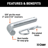 Curt 21581 Hitch Pin, 5/8 in Dia Pin, Steel, Zinc, For : 2 in or 2-1/2 in Receiver Tubes