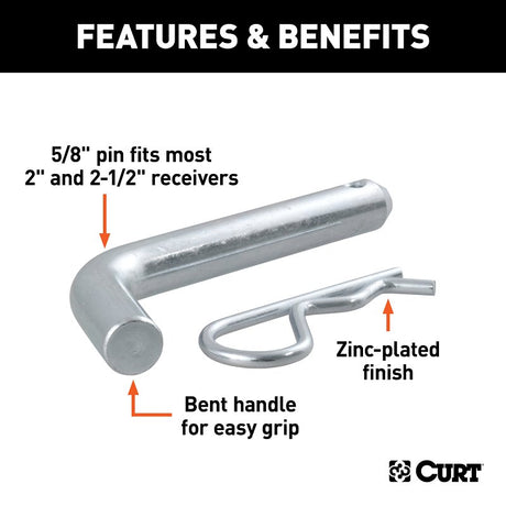 Curt 21581 Hitch Pin, 5/8 in Dia Pin, Steel, Zinc, For : 2 in or 2-1/2 in Receiver Tubes