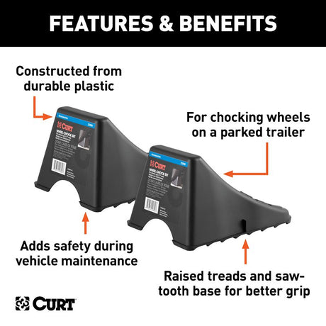 Curt 22800 Wheel Chock Set, 8-1/4 in L, 6.12 in W, 4-3/4 in H, Plastic, Black