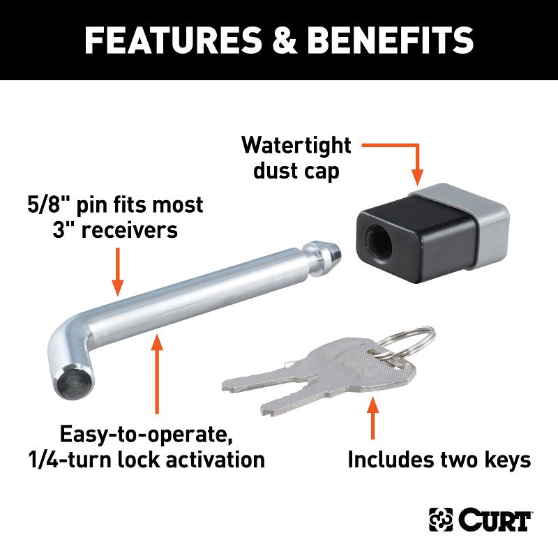 Curt 23021 Trailer Hitch Lock, 5/8 in Dia Pin, 6-3/4 in OAL, Carbon Steel, Chrome-Plated