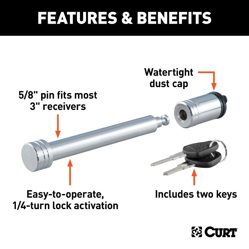 Curt 23025 Hitch Lock, 5/8 in Dia Pin, 6-3/8 in OAL, Carbon Steel, Chrome