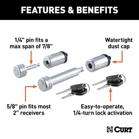 Curt 23526 Hitch and Coupler Lock Set, 5/8 in Dia Pin, Carbon Steel, Chrome-Plated
