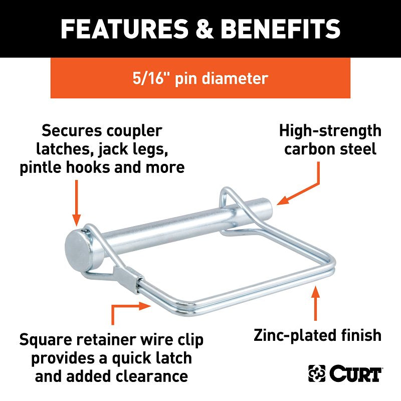 Curt 25011 Safety Pin, 5/16 in Dia Pin, 3 in OAL, Carbon Steel, Zinc