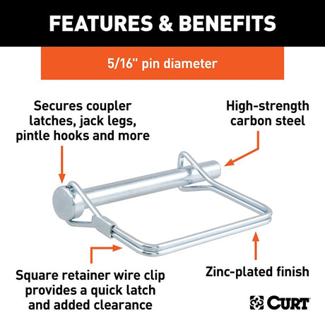 Curt 25011 Safety Pin, 5/16 in Dia Pin, 3 in OAL, Carbon Steel, Zinc
