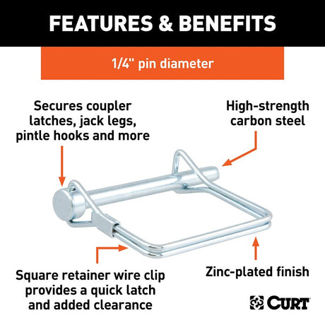 Curt 25081 Safety Pin, 1/4 in Dia Pin, 2-3/4 in OAL, Carbon Steel, Zinc