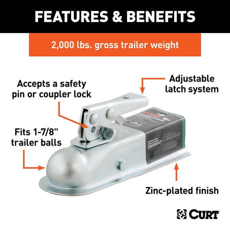 Curt 25128 Trailer Coupler, 2000 lb, 1-7/8 in Ball, Zinc