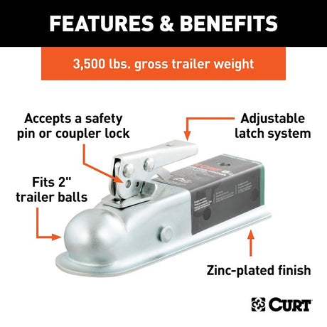 Curt 25153 Trailer Coupler, 3500 lb, 2 in Ball, Steel