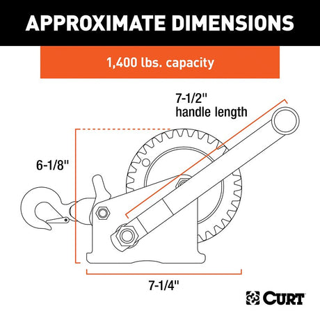 Curt 29435 Hand Crank Winch with 15 ft Strap, Electric, 1400 lb, Steel