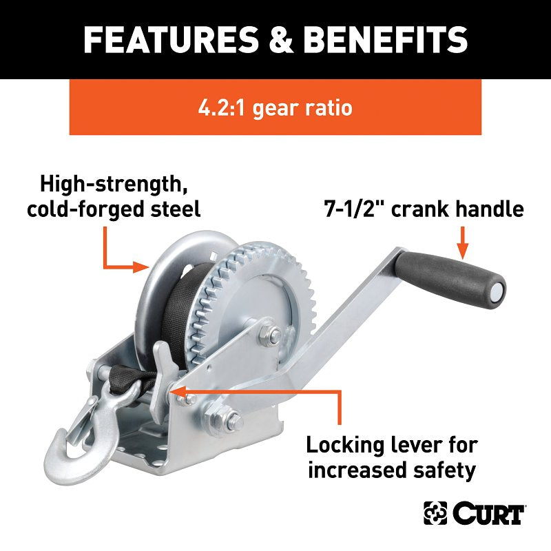 Curt 29435 Hand Crank Winch with 15 ft Strap, Electric, 1400 lb, Steel