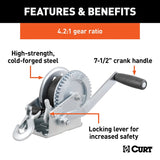 Curt 29435 Hand Crank Winch with 15 ft Strap, Electric, 1400 lb, Steel