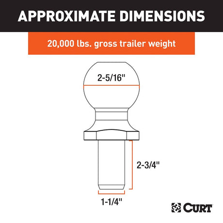 Curt 40009 Trailer Ball, 2-5/16 in Dia Ball, 1-1/4 in Dia Shank, 20,000 lb Gross Towing, 450 ft-lb Tongue Load