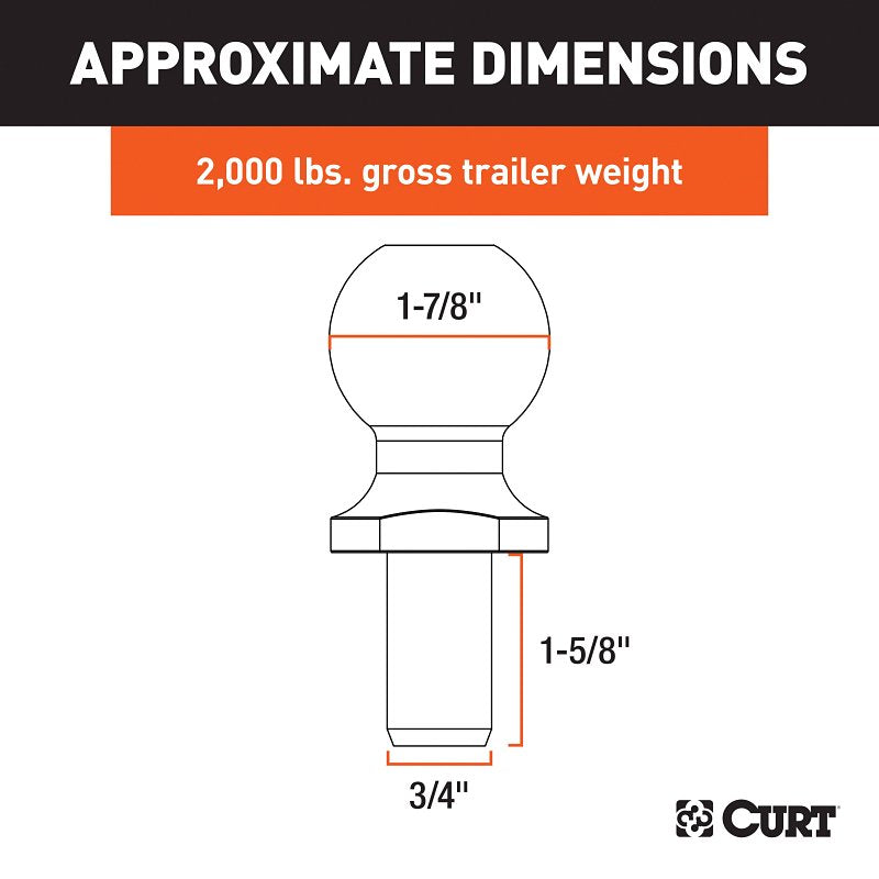 Curt 40061 Hitch Ball, 1-7/8 in Dia Ball, 3/4 in Dia Shank, 2000 lb Gross Towing, 160 ft-lb Tongue Load, Steel