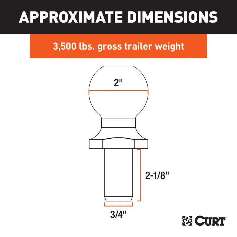 Curt 40065 Trailer Ball, 2 in Dia Ball, 3/4 in Dia Shank, 3500 lb Gross Towing, Steel