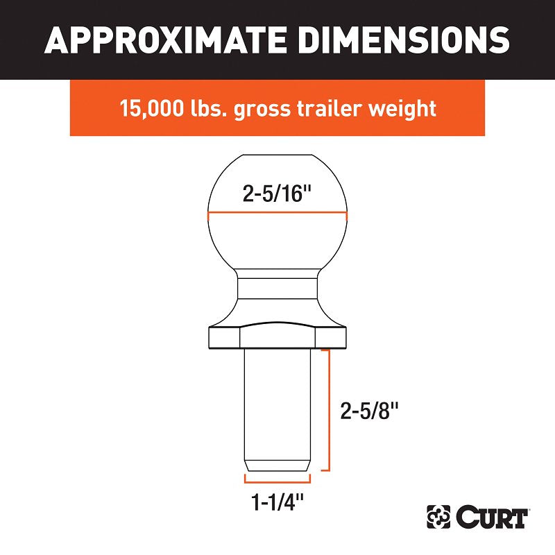 Curt 40078 Trailer Ball, 2-5/16 in Dia Ball, 1-1/4 in Dia Shank, 15,000 lb Gross Towing, Steel