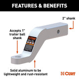 Curt 45361 Ball Mount, 8-1/2 in L, 4 in Drop, 3 in Rise, Class 3 Hitch, 1 in Dia Hitch Ball, Aluminum
