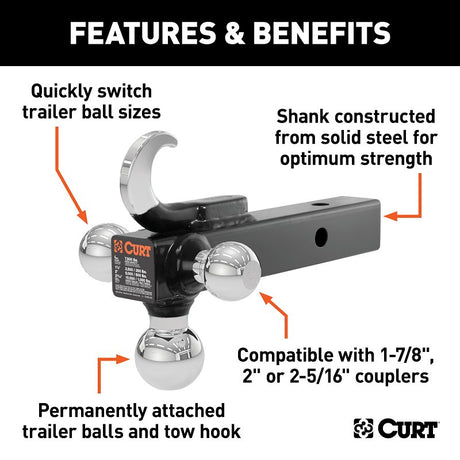 Curt 45675 Ball-Mount, 1-7/8, 2, 2-5/16 in Dia Hitch Ball, Steel, Carbide