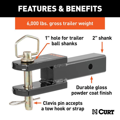 Curt 45821 Ball Mount, 1 in Dia Hitch Ball, Steel Hitch Ball, Gloss Black Powder-Coated