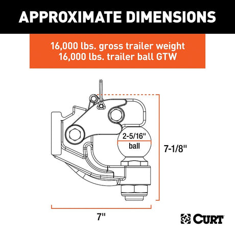 Curt 48200 Ball and Pintle Combination, 2-5/16 in Dia Eye, 16,000 lb Working Load, Steel, Powder-Coated