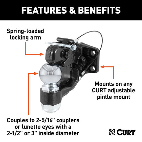 Curt 48200 Ball and Pintle Combination, 2-5/16 in Dia Eye, 16,000 lb Working Load, Steel, Powder-Coated