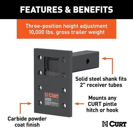 Curt 48323 Adjustable Pintle-Mount Plate, Steel, Carbide Powder-Coated, Black