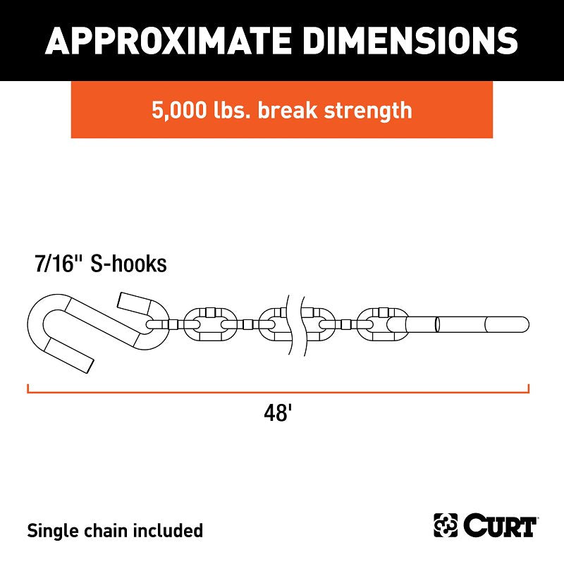Curt 80031 Safety Chain, 48 in L, 30 Grade, 5000 lb Working Load, Steel, Zinc