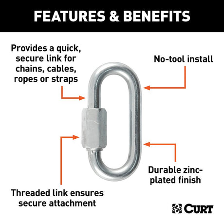 Curt 82903 Quick Link, 5/16 in Trade, 1760 lb Working Load, Steel, Clear Zinc