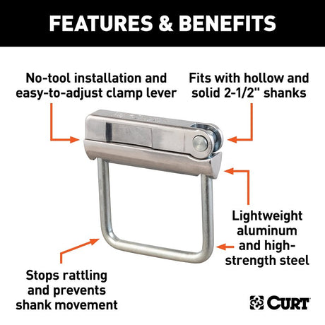 Curt 22320 Anti-Rattle Hitch Clamp, Aluminum/Stainless Steel, Zinc, Clear