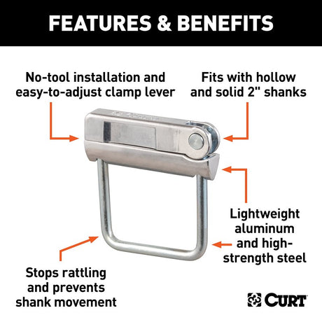 Curt 22325 Hitch Clamp, Anti-Rattle, Aluminum/Stainless Steel, Zinc-Plated, Clear