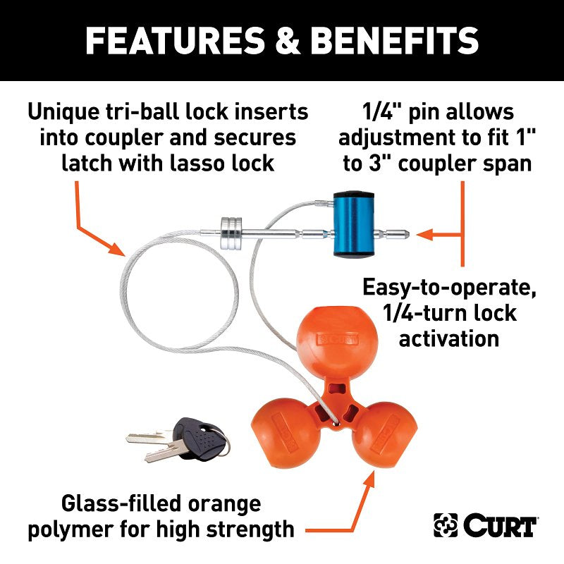 Curt 23082 Tri-Ball Trailer Coupler Lock, Universal Hitch, 1/4 in Dia Pin, 11 in OAL, Polymer