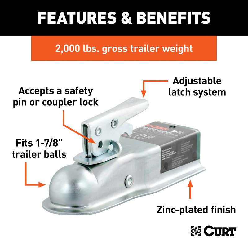 Curt 25105 Trailer Coupler, 2000 lb, 1-7/8 in Ball, Zinc