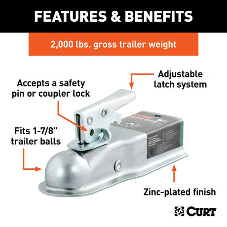 Curt 25105 Trailer Coupler, 2000 lb, 1-7/8 in Ball, Zinc