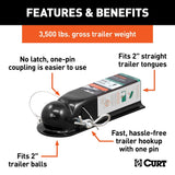 Curt QuickPin Series 25470 No-Latch Trailer Coupler, 3500 lb, 2 in Ball, Powder-Coated, 1/PK