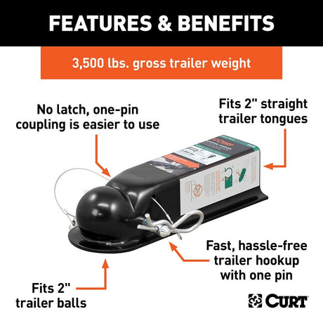 Curt QuickPin Series 25470 No-Latch Trailer Coupler, 3500 lb, 2 in Ball, Powder-Coated, 1/PK