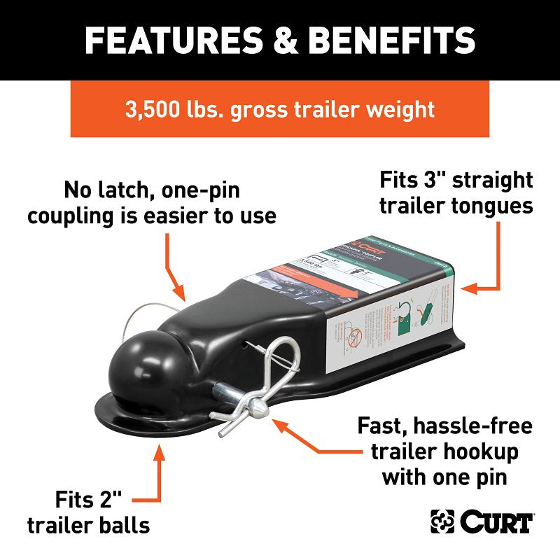 Curt QuickPin Series 25472 No-Latch Trailer Coupler, 3500 lb, 2 in Ball, Powder-Coated, Black, 1/PK