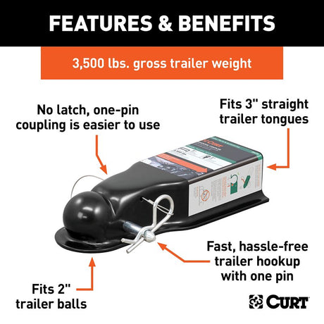 Curt QuickPin Series 25472 No-Latch Trailer Coupler, 3500 lb, 2 in Ball, Powder-Coated, Black, 1/PK