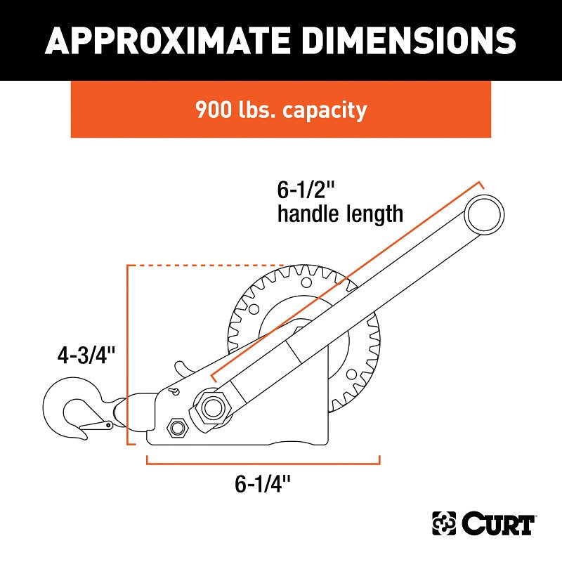 Curt 29433 Hand Crank Winch with 15 ft Strap, Hand Crank, 900 lb, Steel