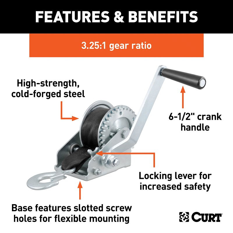 Curt 29433 Hand Crank Winch with 15 ft Strap, Hand Crank, 900 lb, Steel