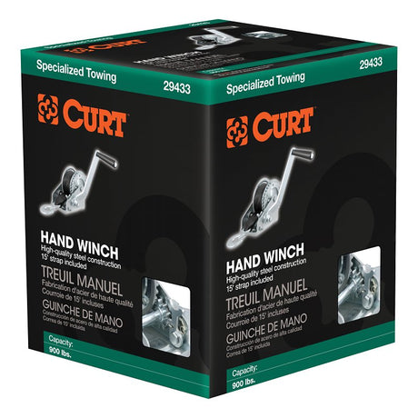 Curt 29433 Hand Crank Winch with 15 ft Strap, Hand Crank, 900 lb, Steel