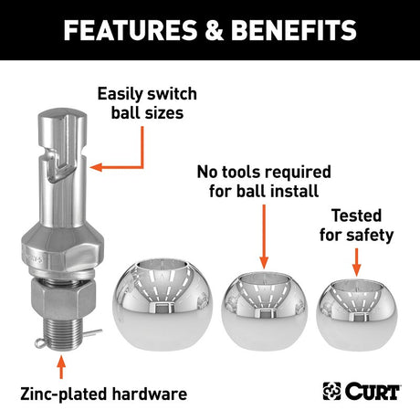 Curt 42225 Switch Ball Trailer Ball Set, 1-7/8, 2, 2-5/16 in Dia Ball, 1 in Dia Shank, Steel