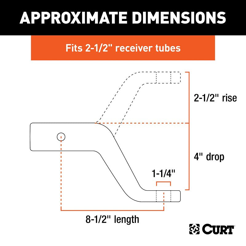 Curt 45458 Ball Mount, 8-1/2 in L, 4 in Drop, 2-1/2 in Rise, Class 5 Hitch, Steel, Carbide
