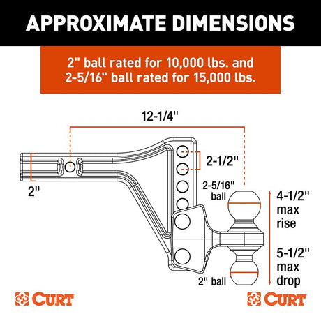 Curt 45935 Adjustable Trailer Hitch Dual-Ball Mount, 5-1/2 in Drop, 4-1/2 in Rise, 2, 2-5/16 in Dia Hitch Ball, 1/PK