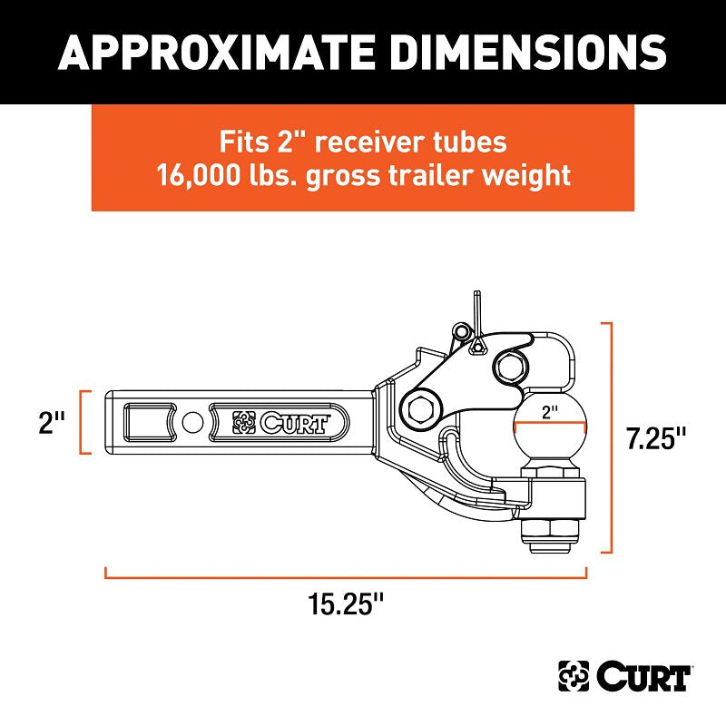 Curt 48007 Ball and Pintle Combination, 2 in, 2 in Dia Eye, 16000 lb Working Load, Steel, Powder-Coated