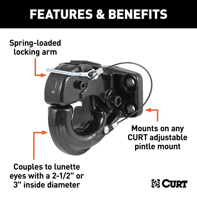 Curt 48210 Pintle Hook, 2-1/2 to 3 in Dia Eye, 20,000 lb Working Load, Steel, Carbide Powder-Coated