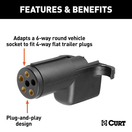 Curt 57621 Electrical Adapter, Plastic, For: 6-Way Round Vehicle Socket to Fit 4-Way Flat Trailer Plugs