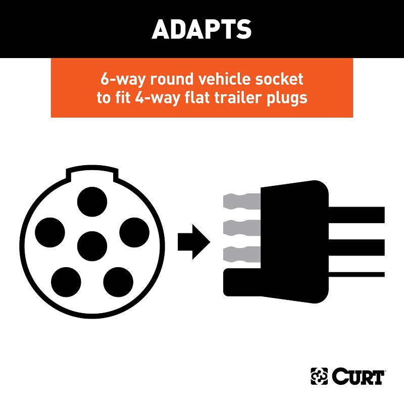 Curt 57621 Electrical Adapter, Plastic, For: 6-Way Round Vehicle Socket to Fit 4-Way Flat Trailer Plugs