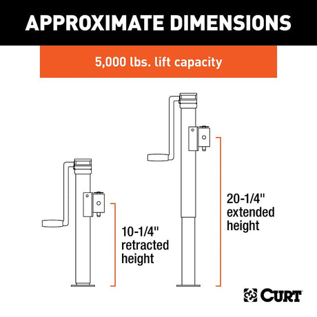 Curt 28354 Pipe-Mount Swivel Jack, 3000 lb Lifting, 10 in Max Lift H, 20-1/4 in OAH, Composite