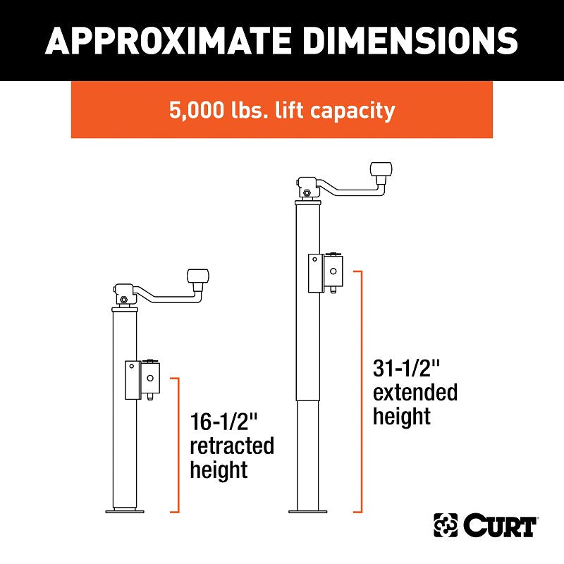 Curt 28356 Pipe-Mount Swivel Jack, 3000 lb Lifting, 15 in Max Lift H, 31-1/2 in OAH, Composite