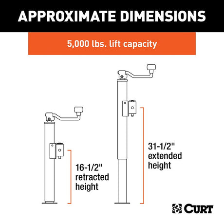 Curt 28356 Pipe-Mount Swivel Jack, 3000 lb Lifting, 15 in Max Lift H, 31-1/2 in OAH, Composite