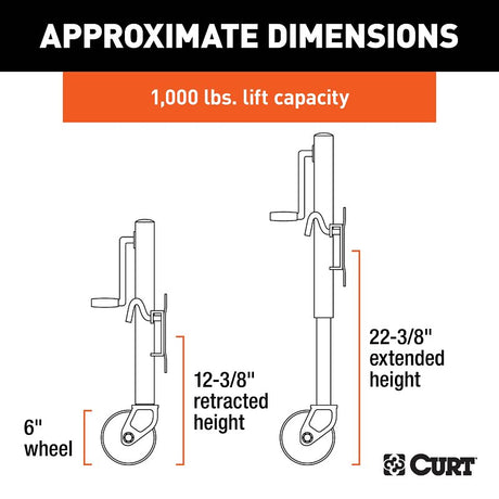 Curt 25003 Marine Jack with 6 in Wheel, 1000 lb Lifting, 23-1/4 in Max Lift H